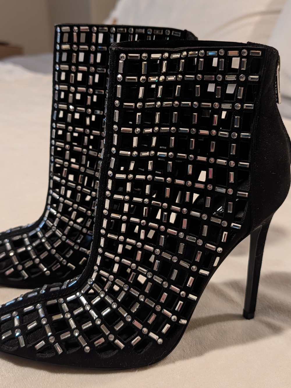 Guess Black Jeweled Mesh Stiletto Ankle Boots